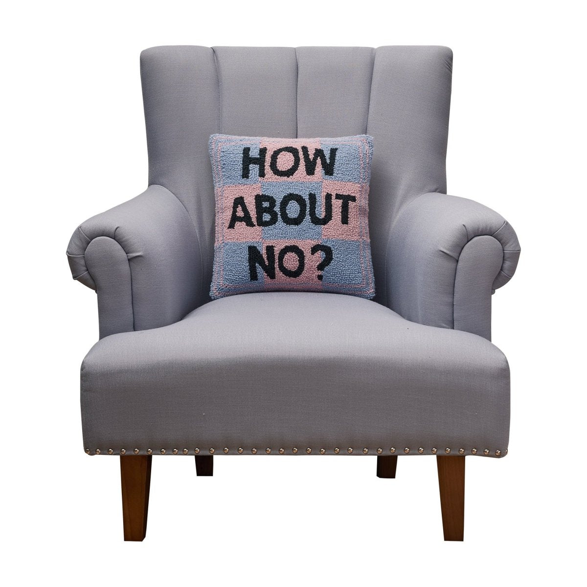 How About No Hooked Wool Throw Pillow on an armchair, showing the throw pillow at room scale, 14x14 inch