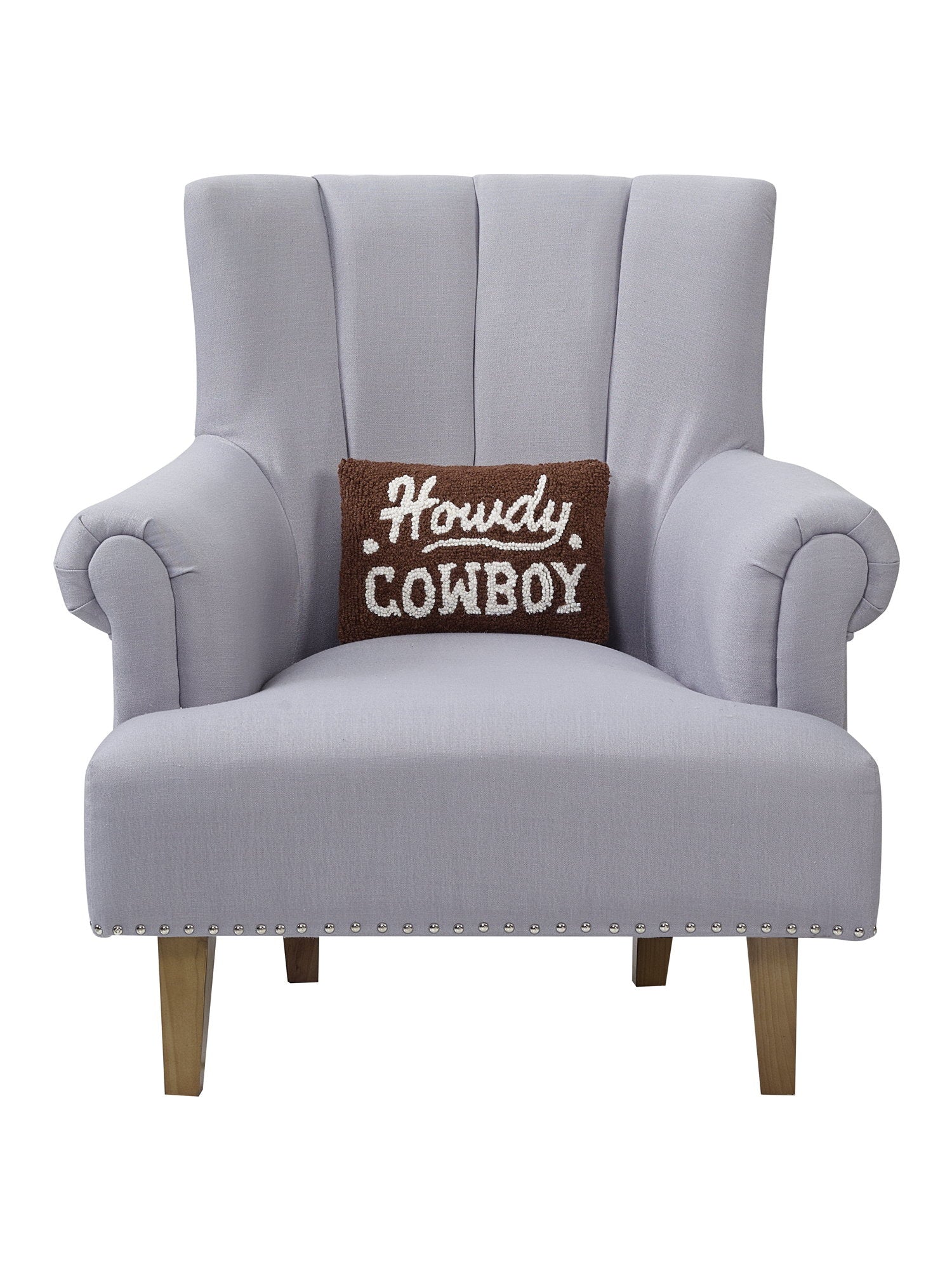 Howdy Cowboy Hooked Wool Throw Pillow on an armchair, showing the throw pillow at room scale, 8x12 inch