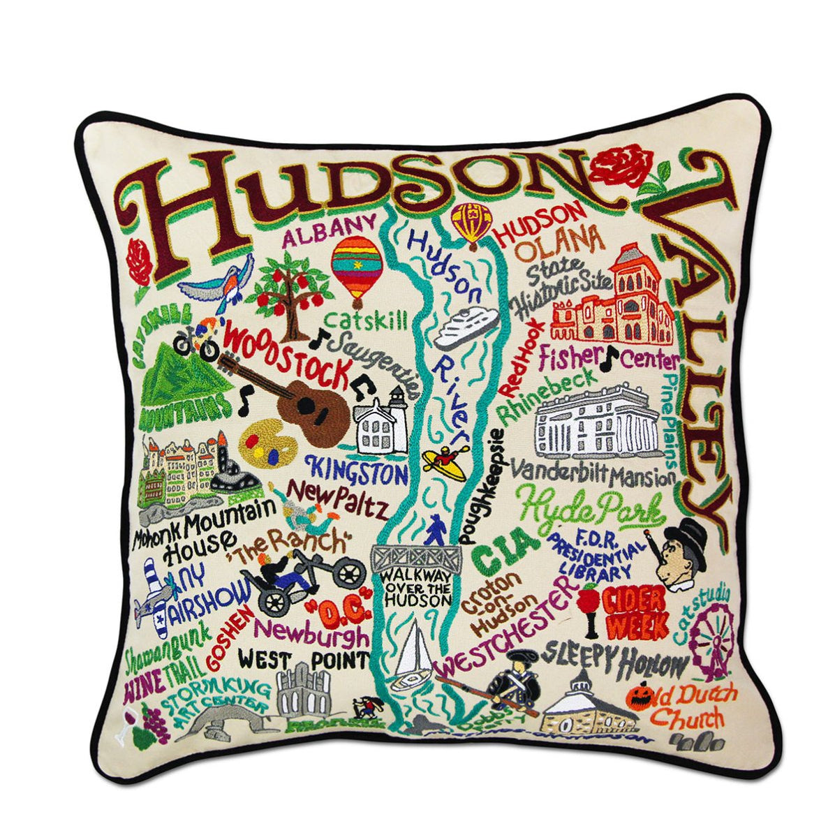 Hudson Valley Scenic hand-embroidered throw pillow showcasing iconic landmarks
