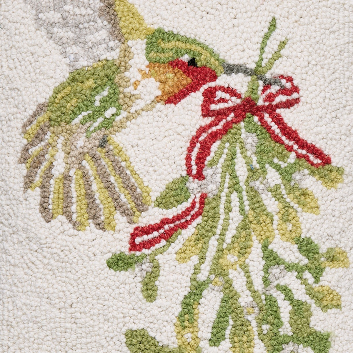 Hummingbird Mistletoe Hooked Wool Christmas Throw Pillow, close-up detail