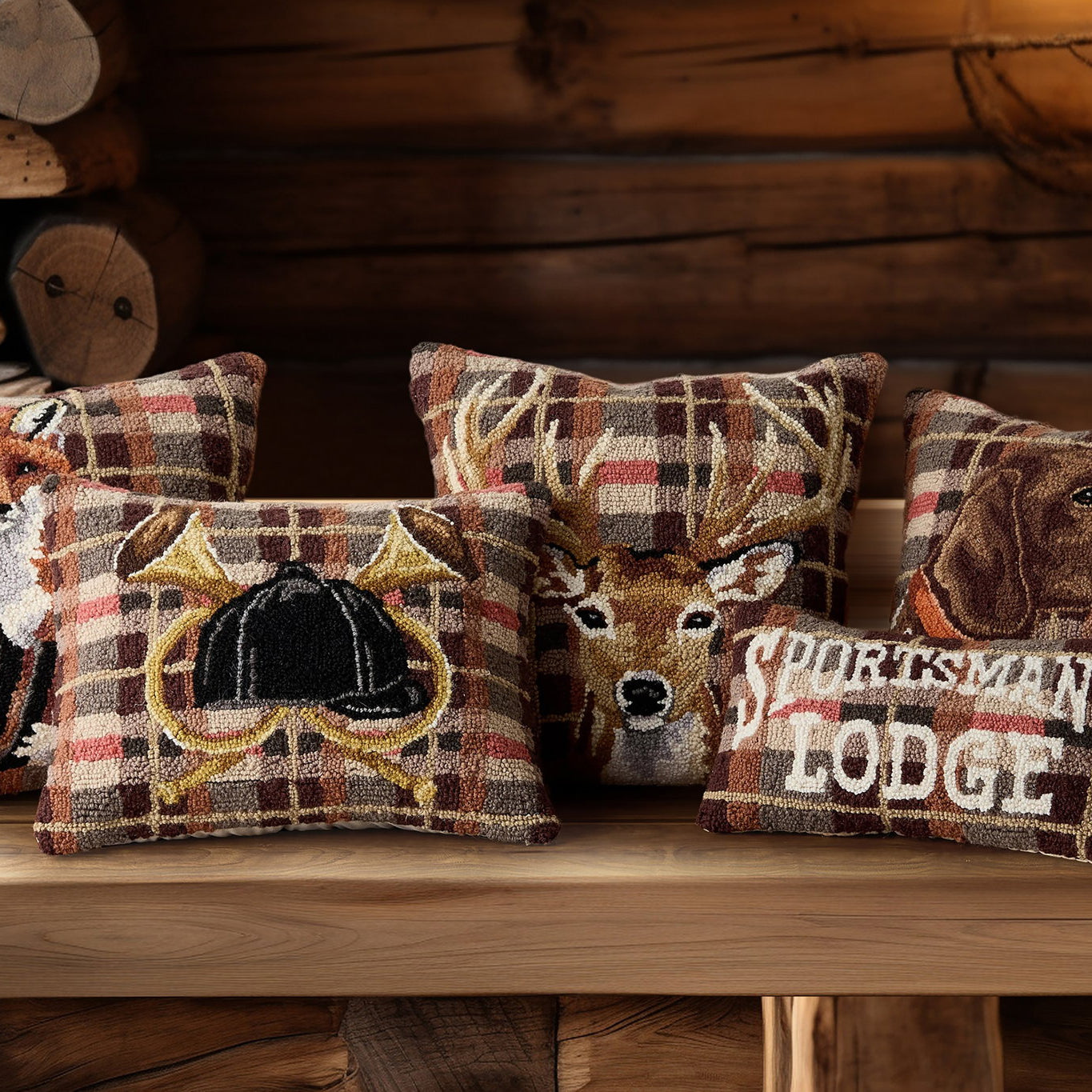 Hunting Dog Hooked Wool Throw Pillow shown alongside other designs in the same collection, 16x16 inch
