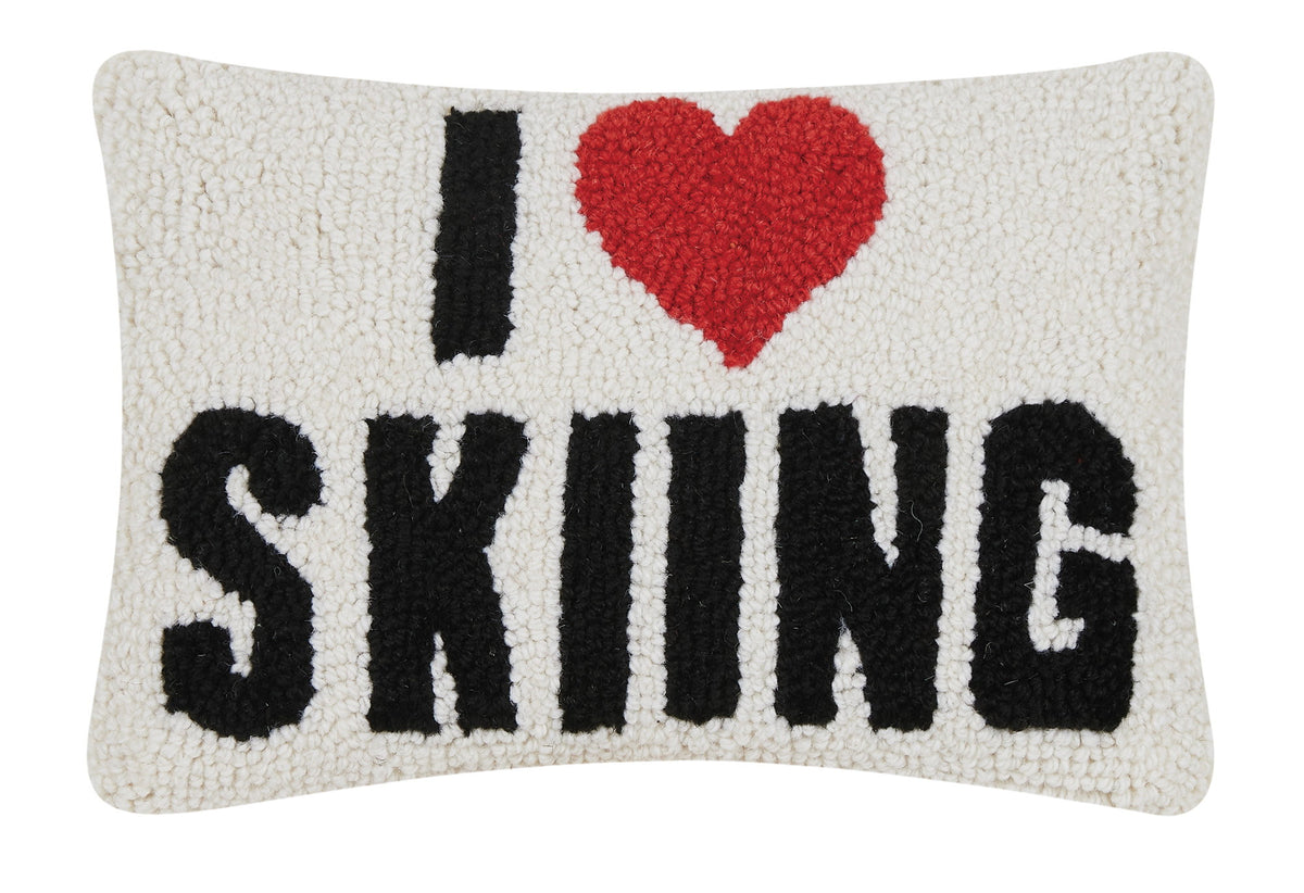I Love Skiing Hooked Wool Throw Pillow, 8x12 inch, front view