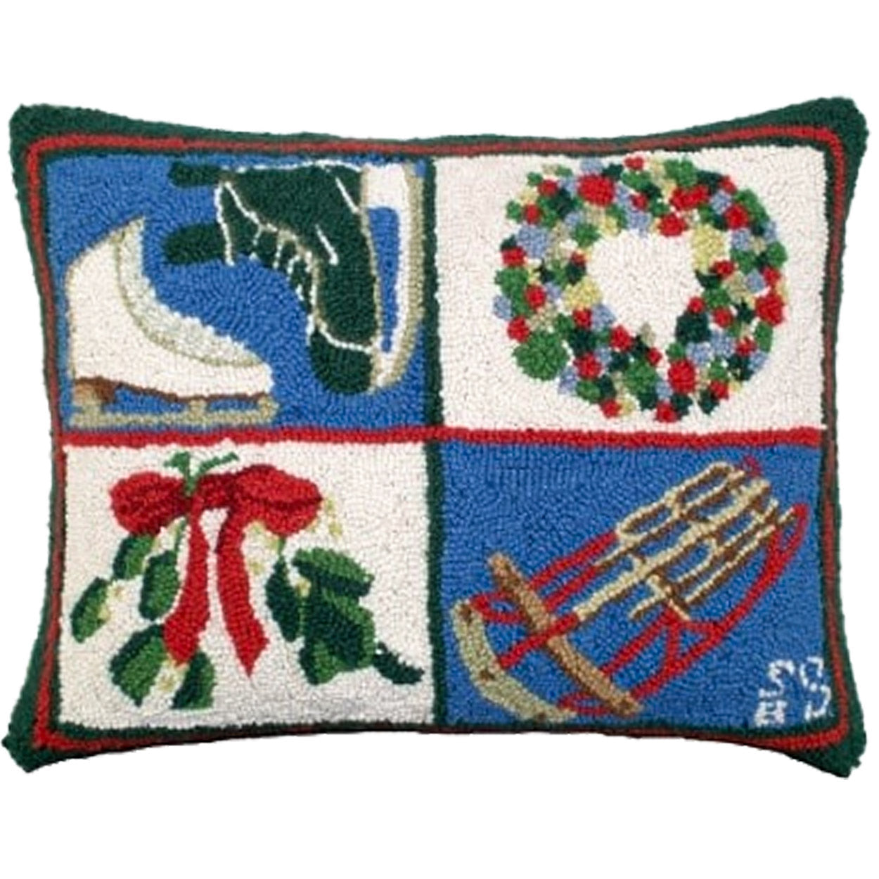 Ice Skates And Sled needlepoint throw pillow with festive holiday seasonal design