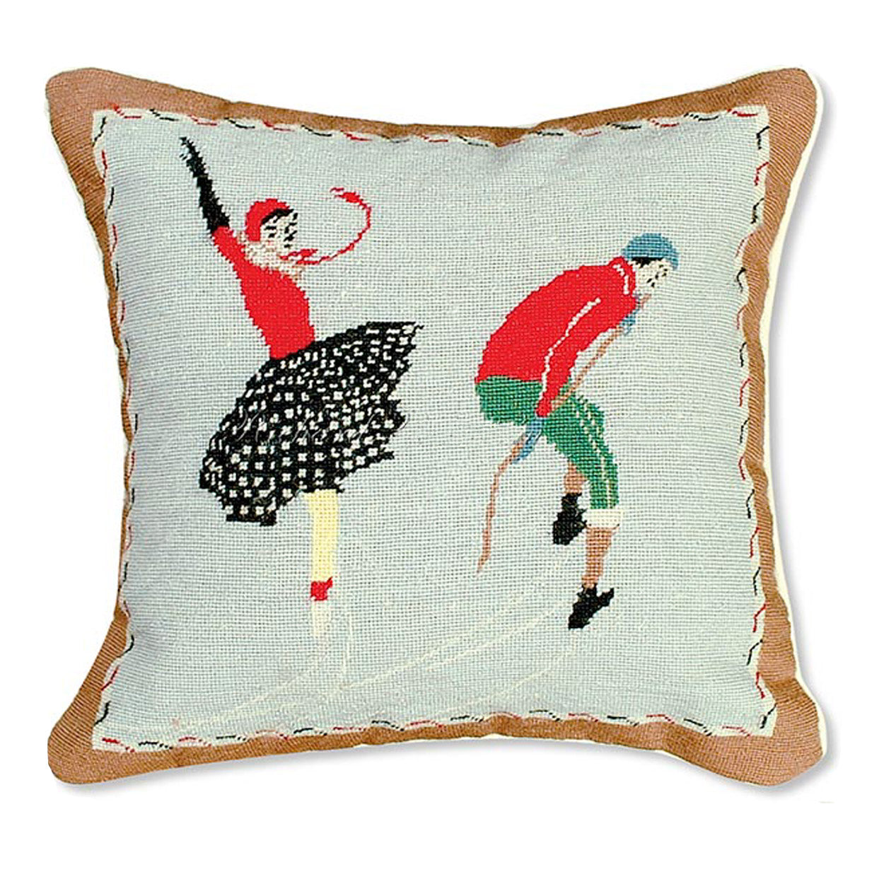 Ice Skating Winter Joy needlepoint throw pillow with artisan decorative design