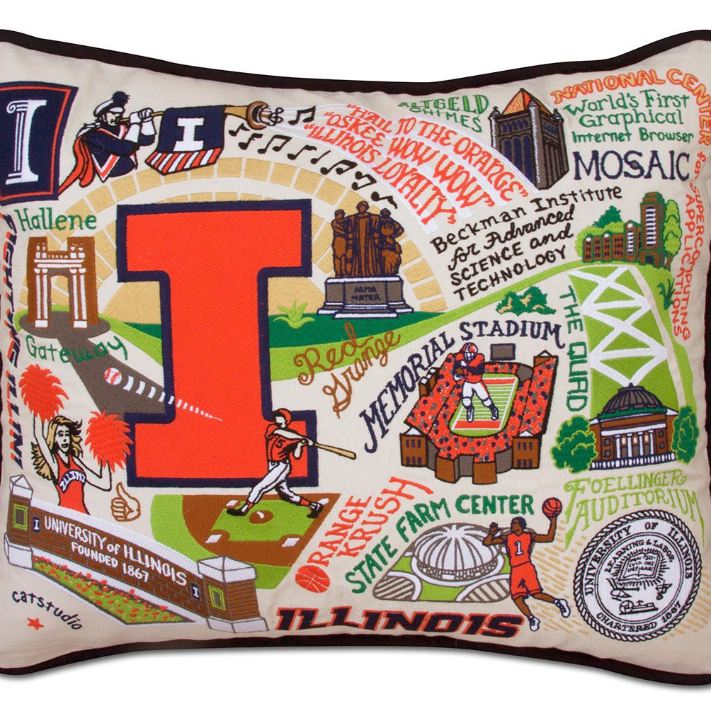 Illinois Fighting Illini hand-embroidered throw pillow featuring school colors and mascot imagery