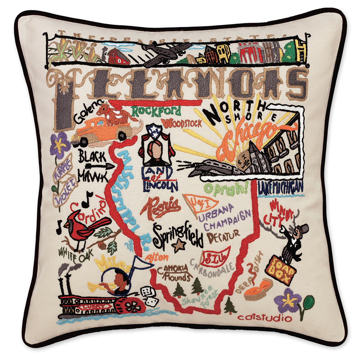 Illinois State Windy City hand-embroidered throw pillow showcasing iconic landmarks