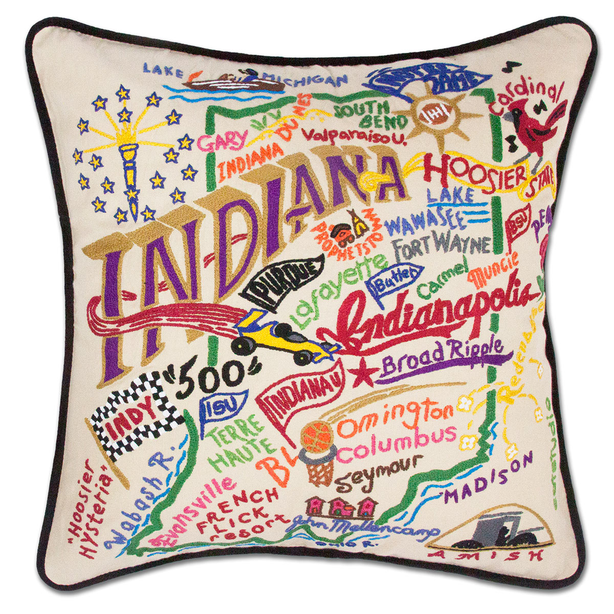 Indiana State Crossroads hand-embroidered throw pillow showcasing iconic landmarks