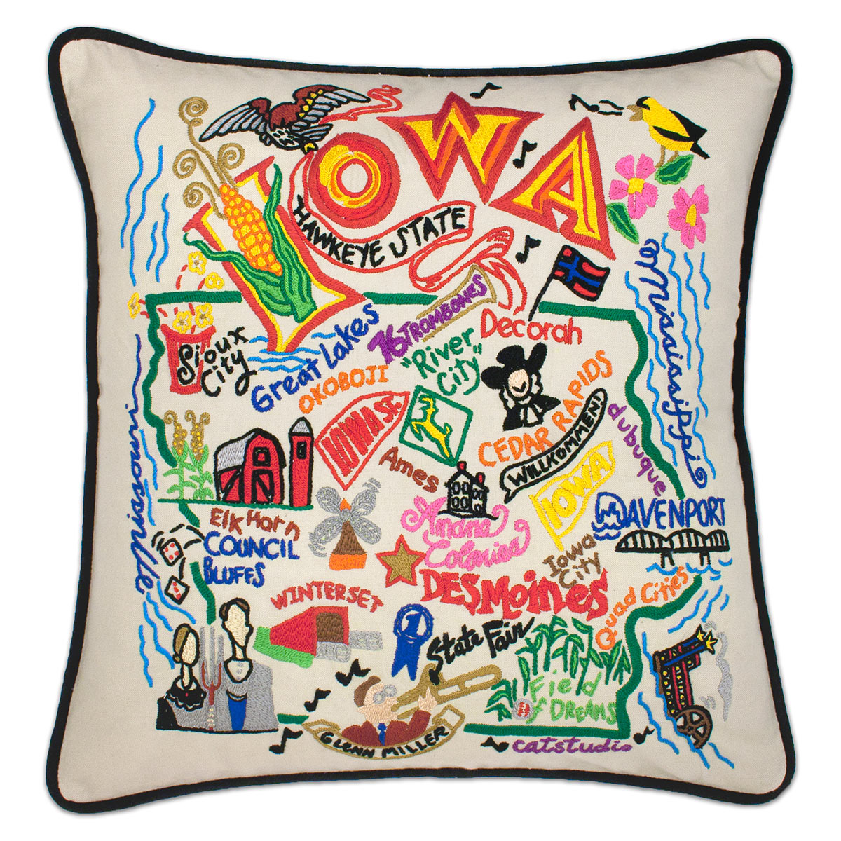 Iowa State Heartland hand-embroidered throw pillow showcasing iconic landmarks