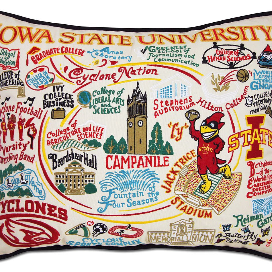 Iowa State University Cyclones hand-embroidered throw pillow featuring school colors and mascot imagery