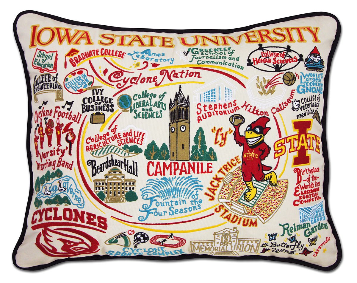 Iowa State University Cyclones hand-embroidered throw pillow featuring school colors and mascot imagery