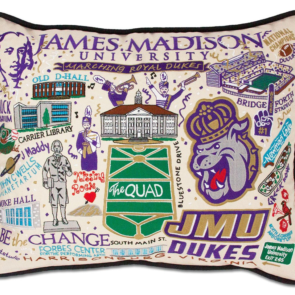 James Madison University Dukes hand-embroidered throw pillow featuring school colors and mascot imagery