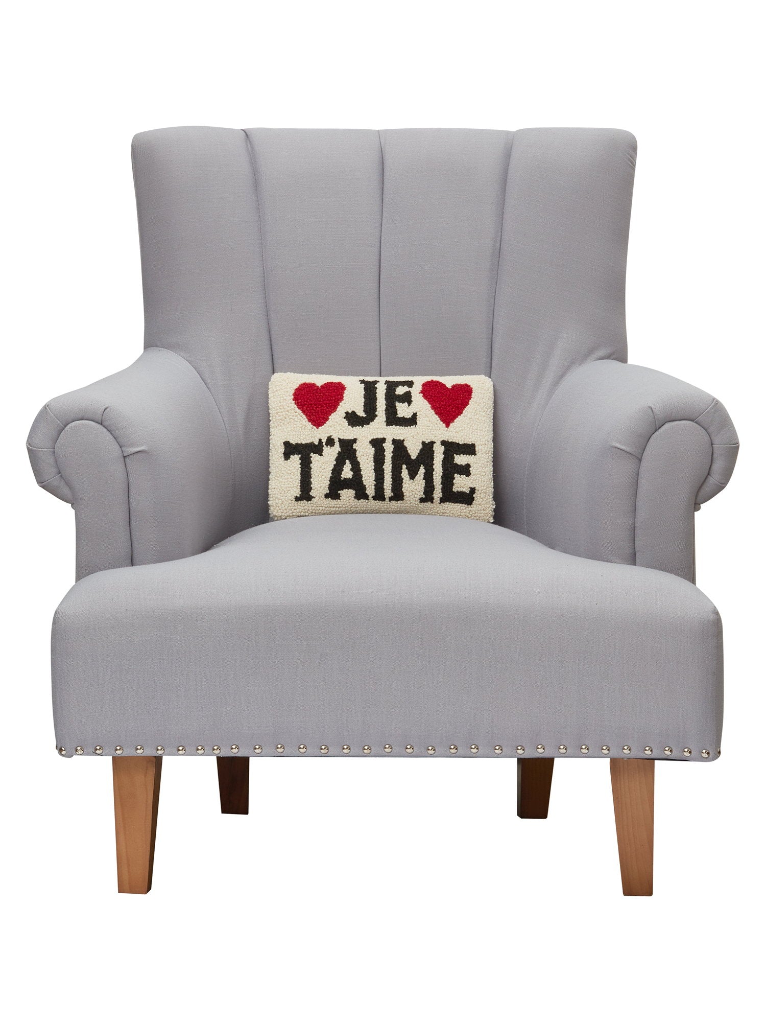 Je t'amime Hooked Wool Throw Pillow on an armchair, showing the throw pillow at room scale, 8x12 inch