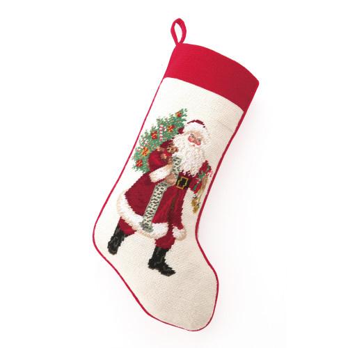 Jingle Claus Wool Needlepoint Christmas Stocking, 11x18 inch, front view