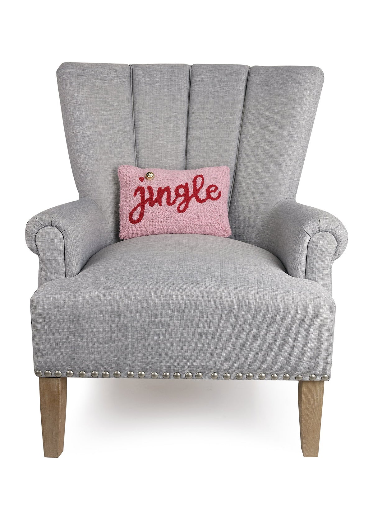 Jingle with Bell Hooked Wool Christmas Throw Pillow on an armchair, showing the throw pillow at room scale, 8x12 inch