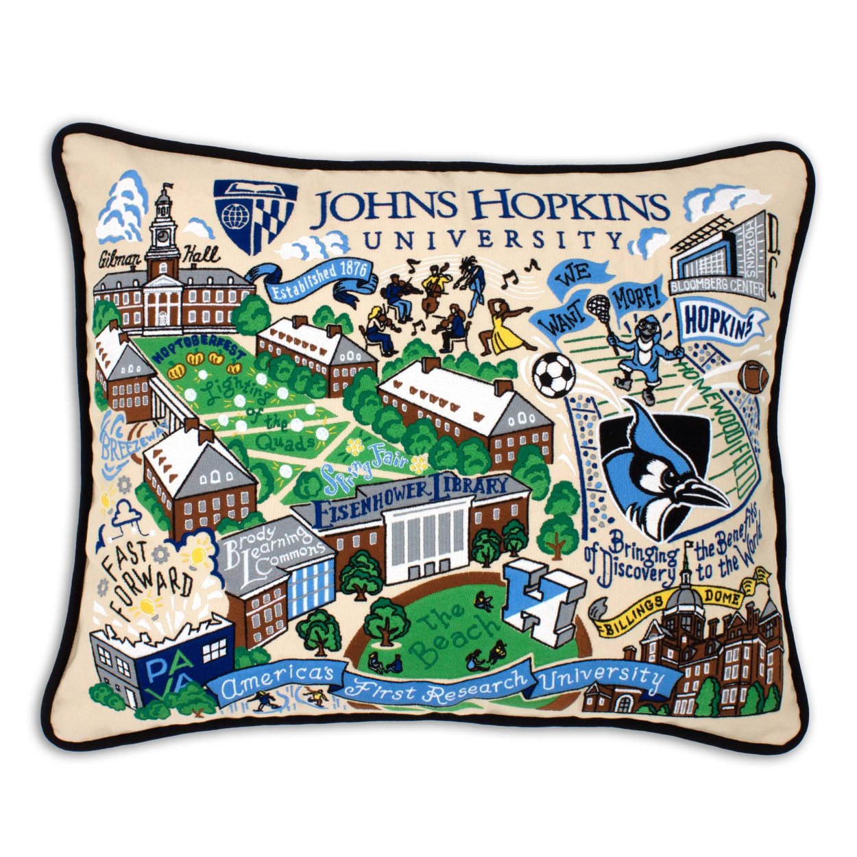 Johns Hopkins University Blue Jays hand-embroidered throw pillow featuring school colors and campus landmarks