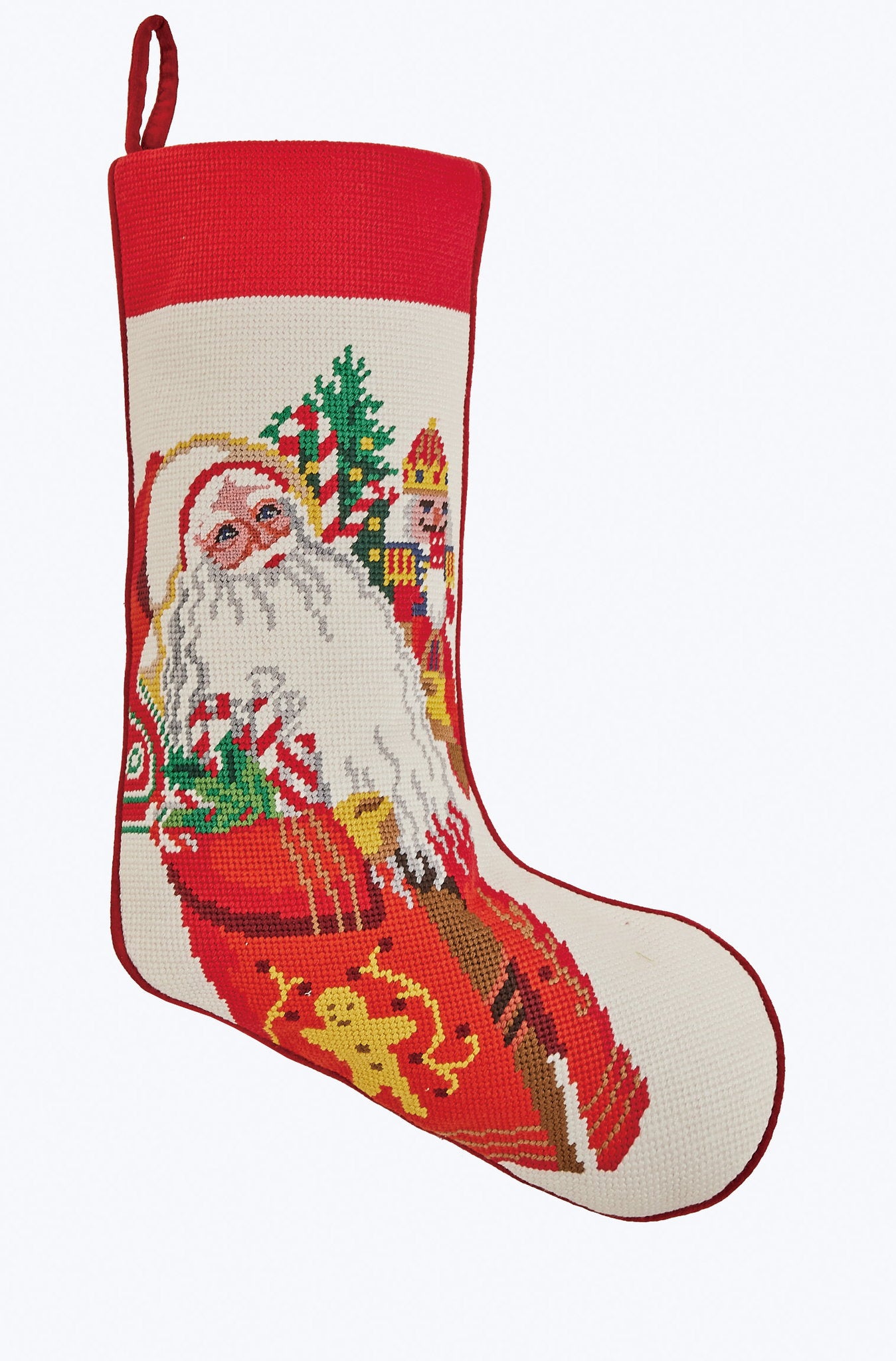 Jolly Christmas Embroidered Needlepoint Stocking, 11x18 inch, front view