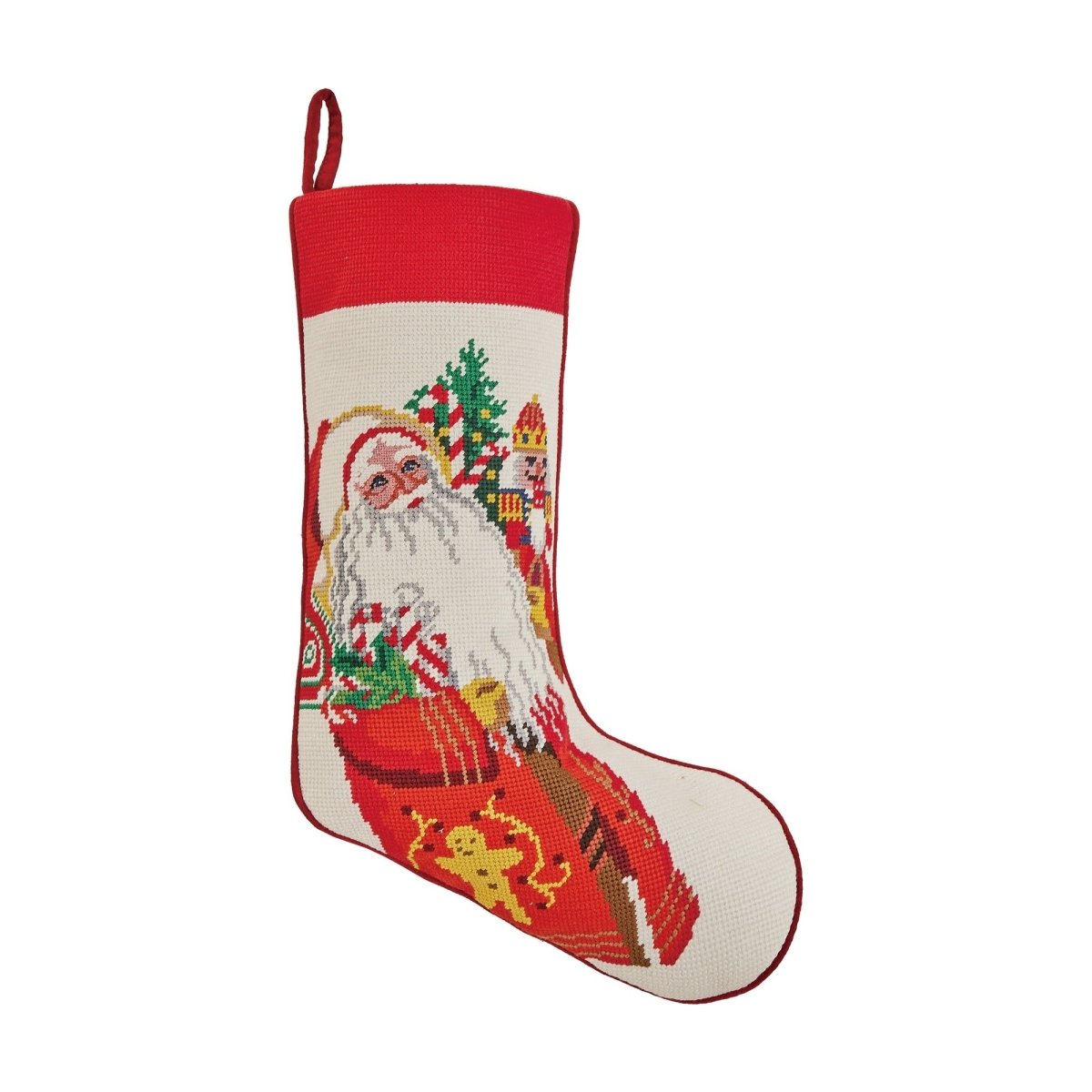Jolly Christmas Embroidered Needlepoint Stocking, 11x18 inch, front view