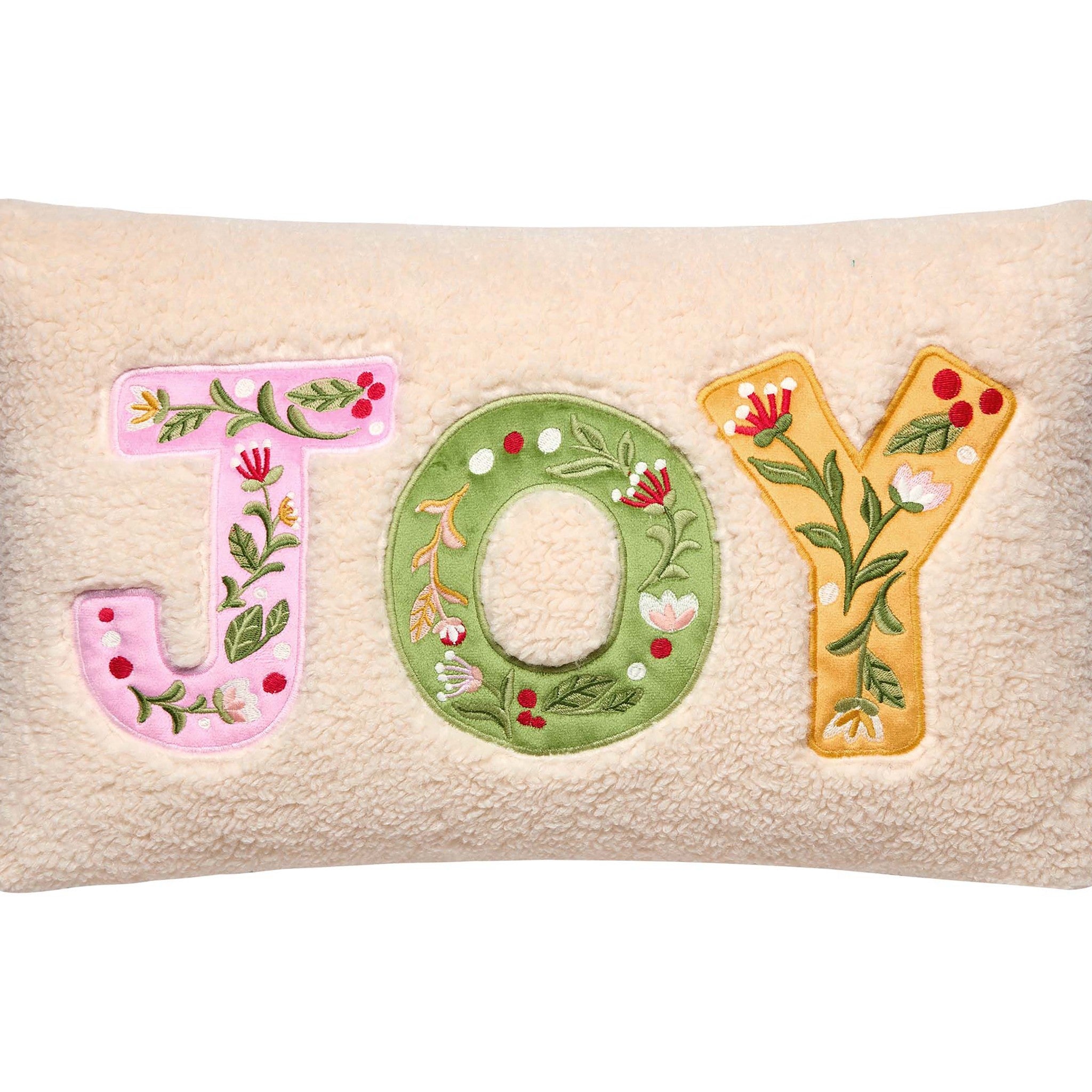 Joy Applique Embroidered Christmas Throw Pillow, close-up detail