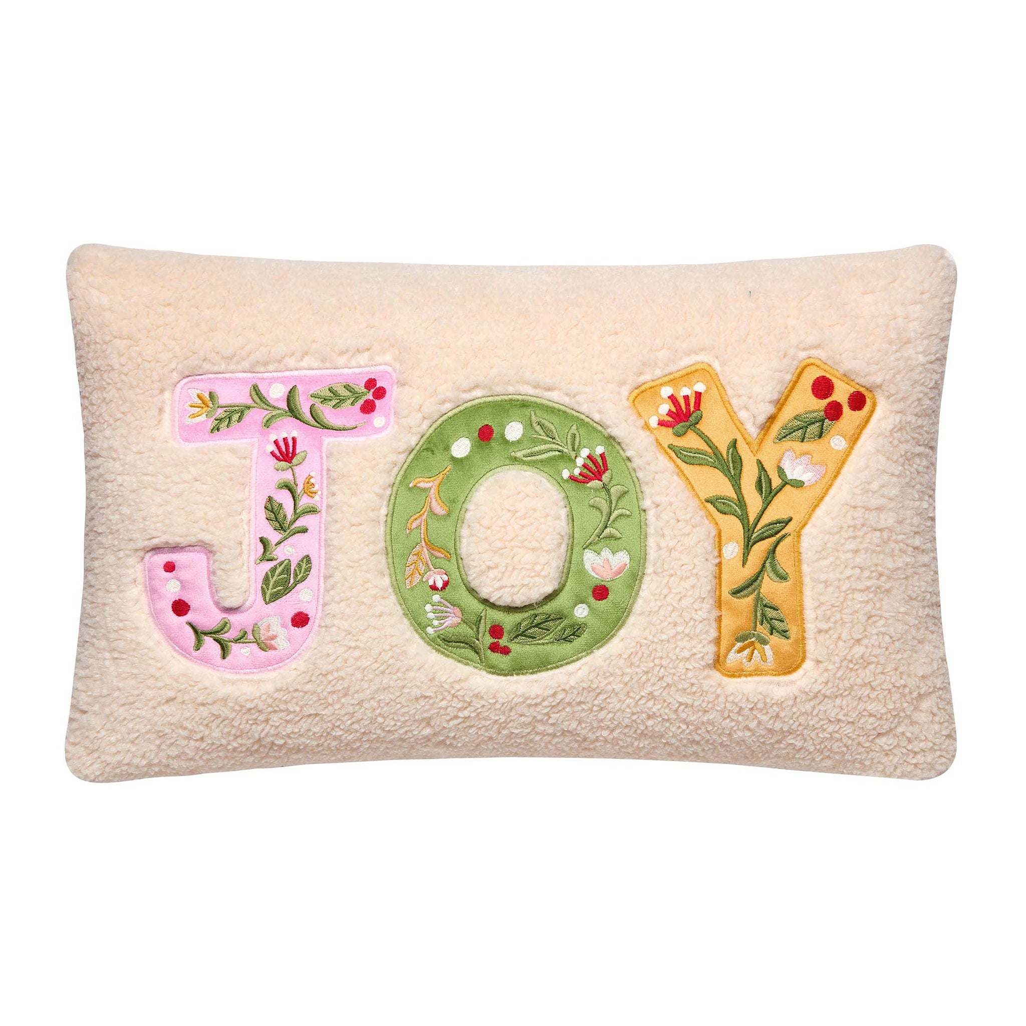 Joy Applique Embroidered Christmas Throw Pillow, 12x18 inch, front view