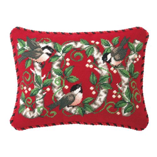 Joy Chickadee Wool Needlepoint Christmas Throw Pillow, 12x16 inch, front view