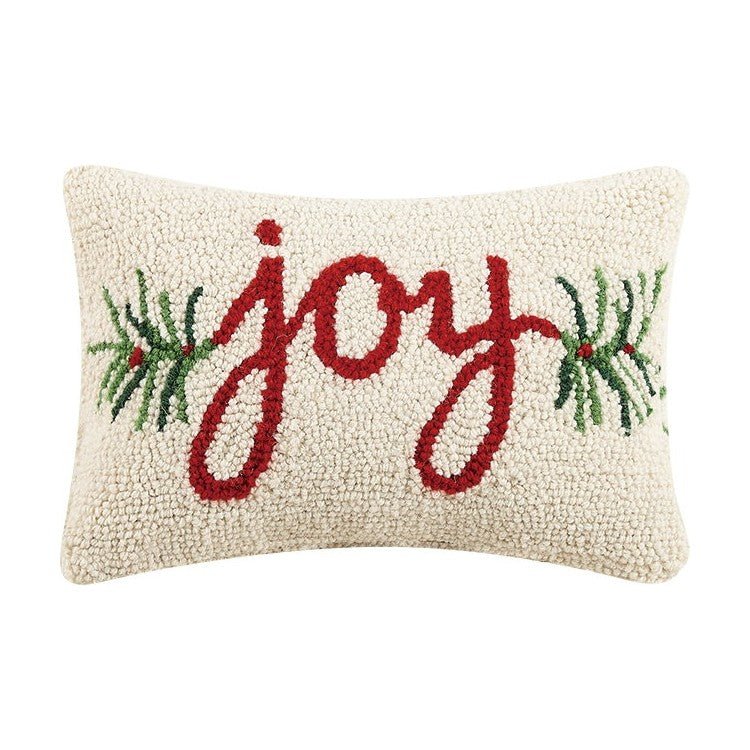 Joy Hooked Wool Christmas Throw Pillow, 8x12 inch, front view
