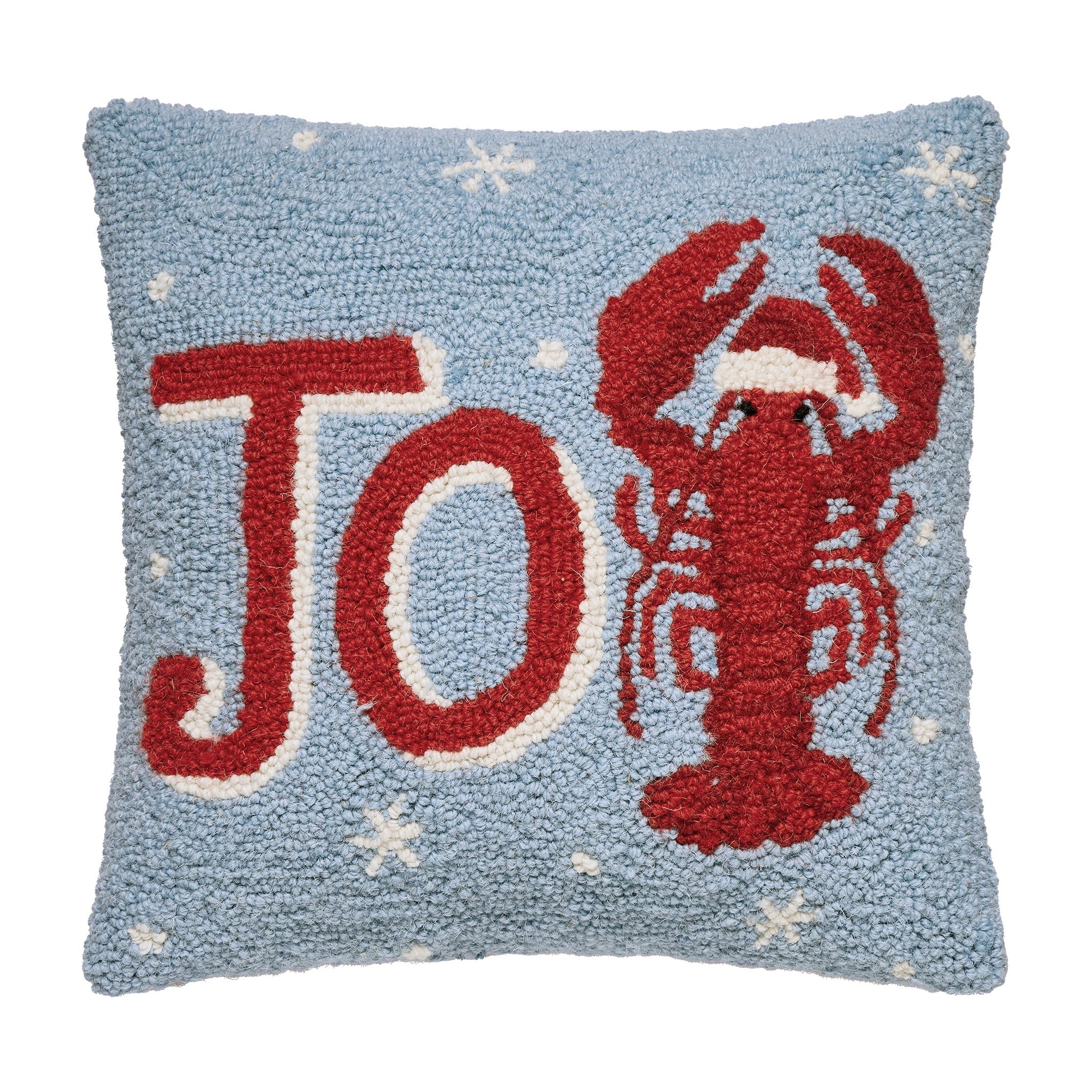 Joy Lobster Hooked Wool Christmas Throw Pillow, 14x14 inch, front view