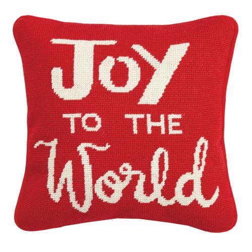Joy to the World Wool Needlepoint Christmas Throw Pillow, 12x12 inch, front view