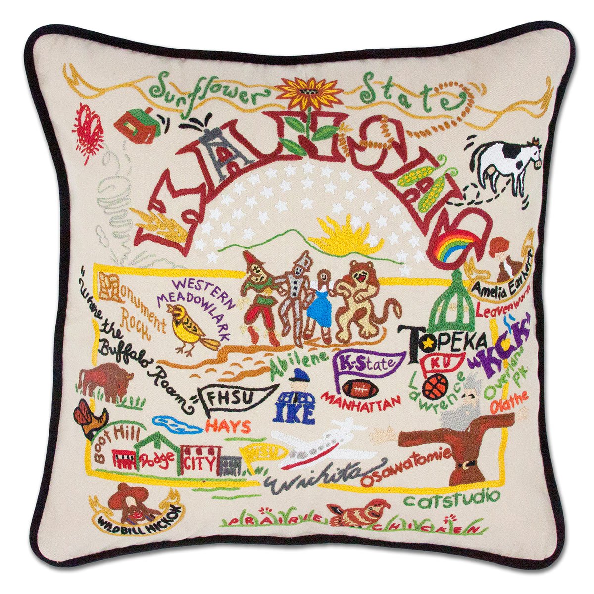 Kansas State Sunflower hand-embroidered throw pillow with botanical floral design