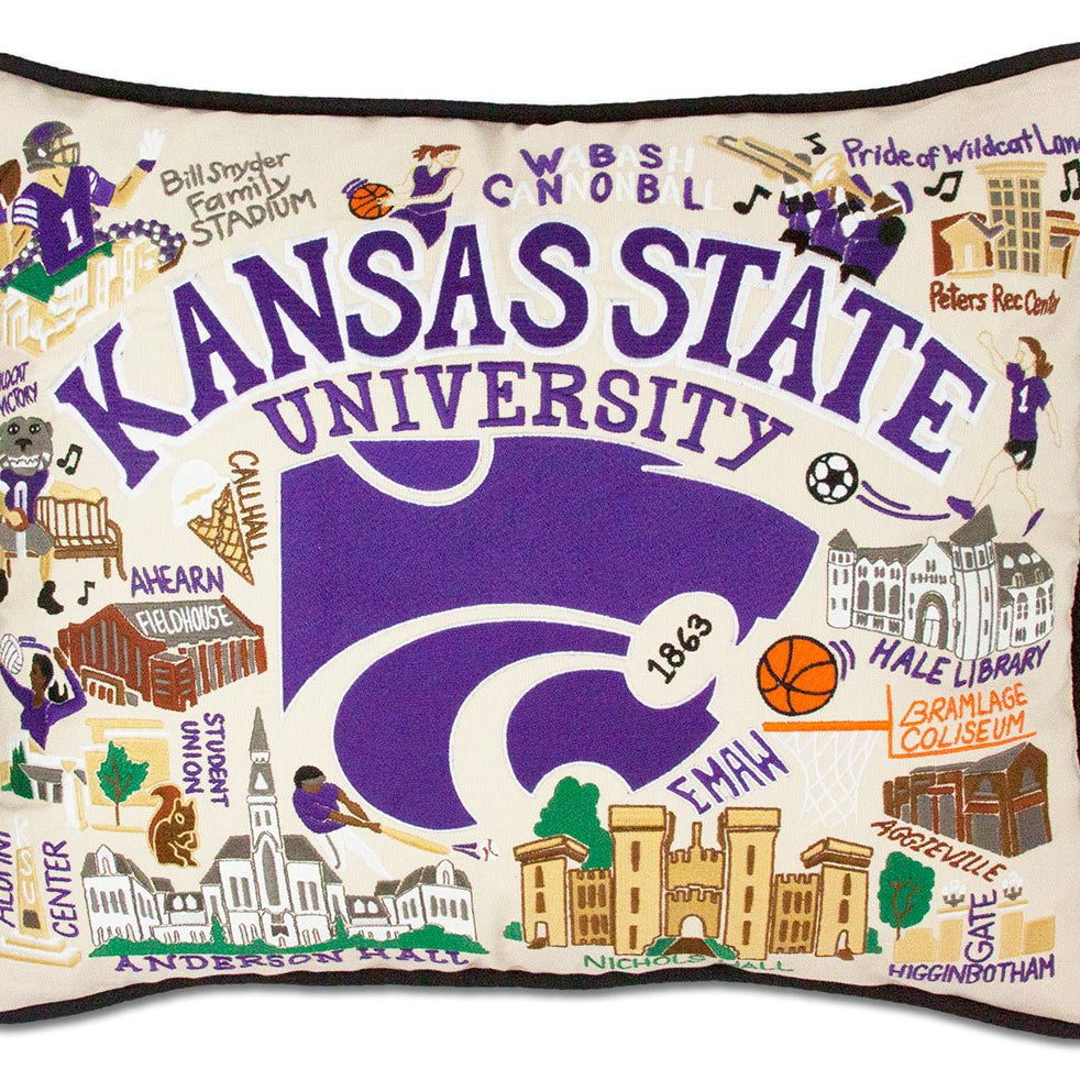 Kansas State University Wildcats hand-embroidered throw pillow featuring school colors and mascot imagery