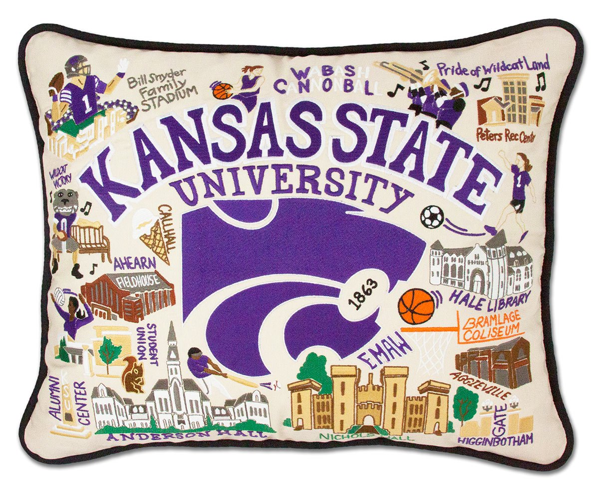 Kansas State University Wildcats hand-embroidered throw pillow featuring school colors and mascot imagery