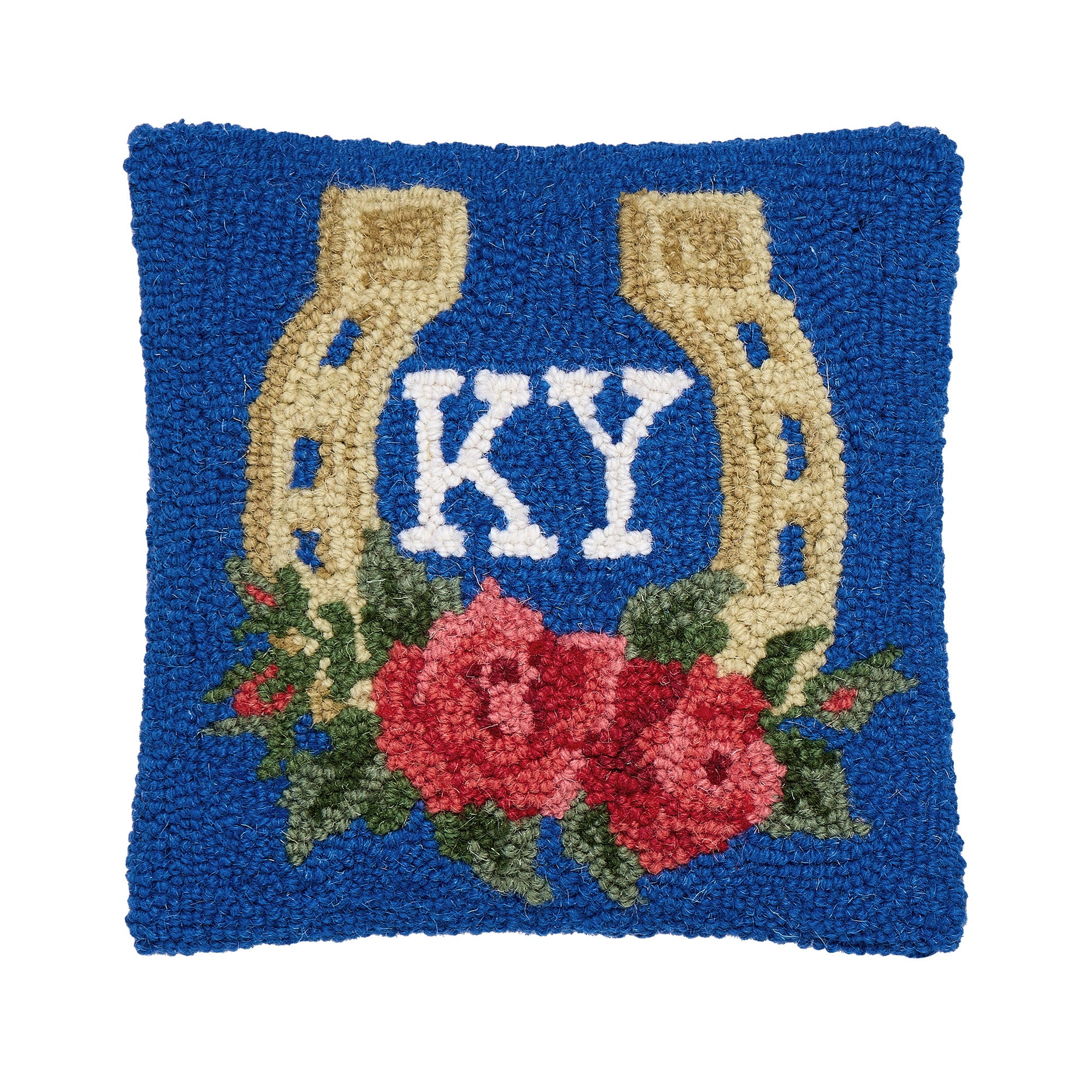 Kentucky Horseshoe & Rose Hooked Wool Throw Pillow, 10x10 inch, front view