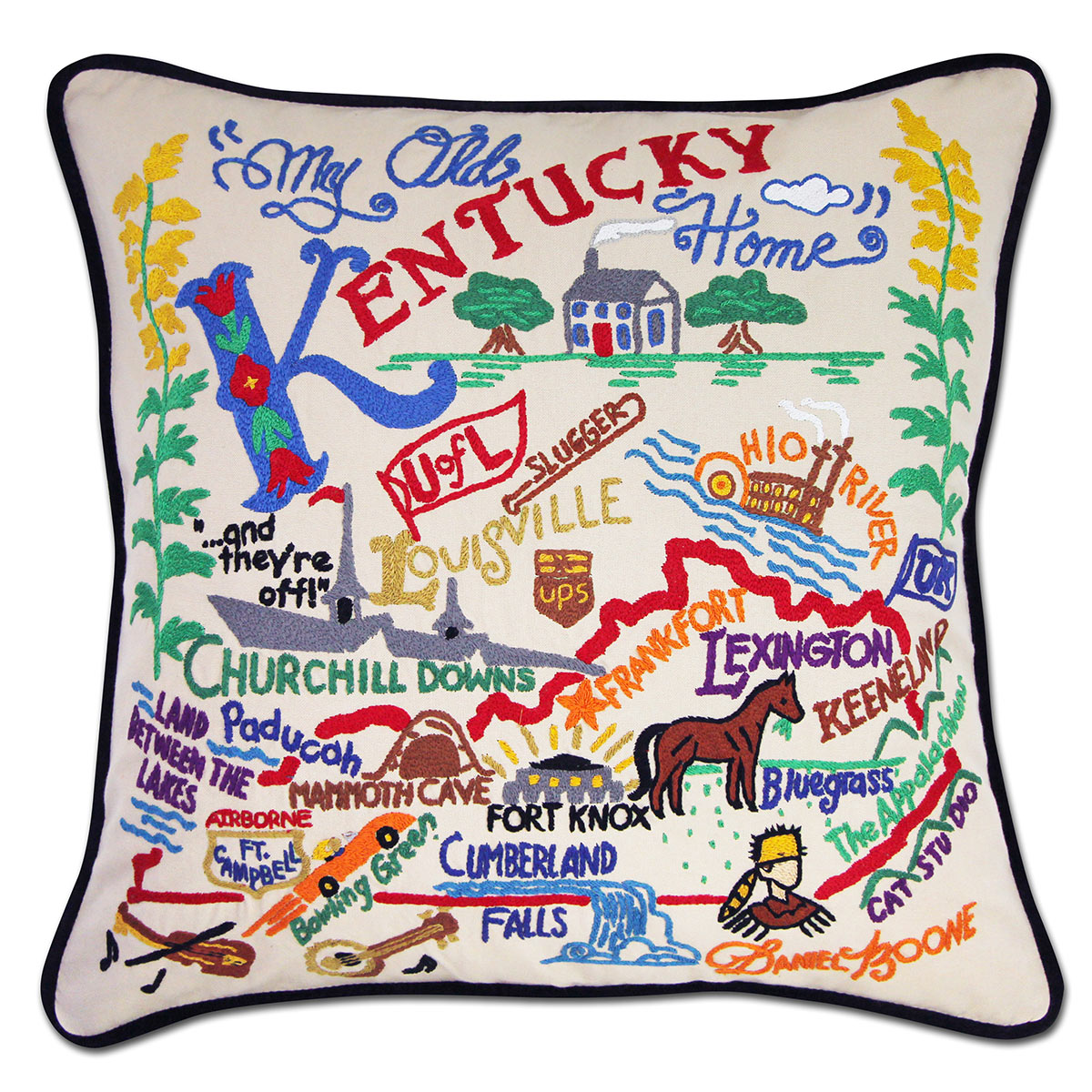 Kentucky State Bluegrass hand-embroidered throw pillow showcasing iconic landmarks