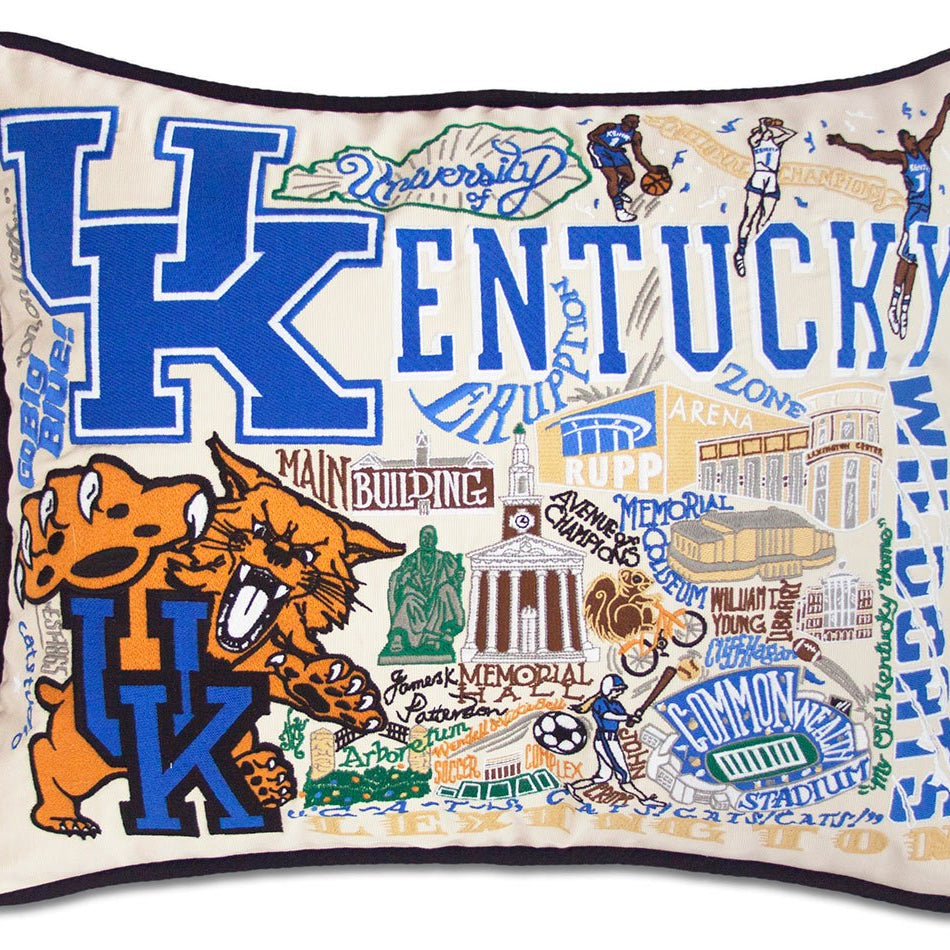 Kentucky Wildcats hand-embroidered throw pillow featuring school colors and mascot imagery