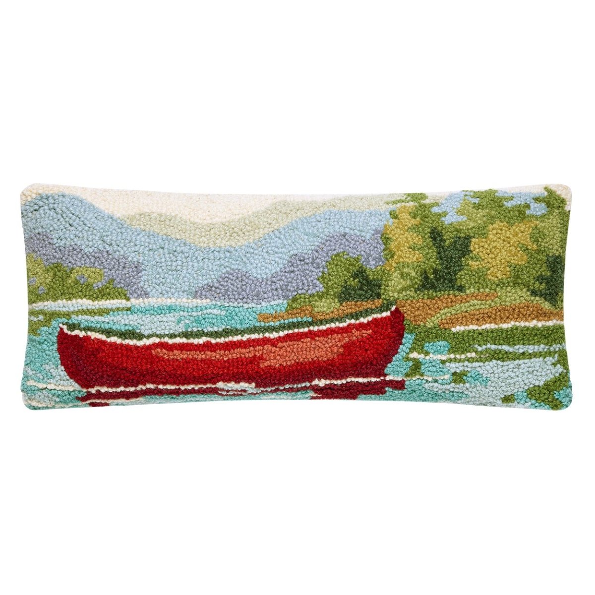 Lakeside Canoe Scene Wool Hooked Lumbar Pillow, 8x20 inch, front view