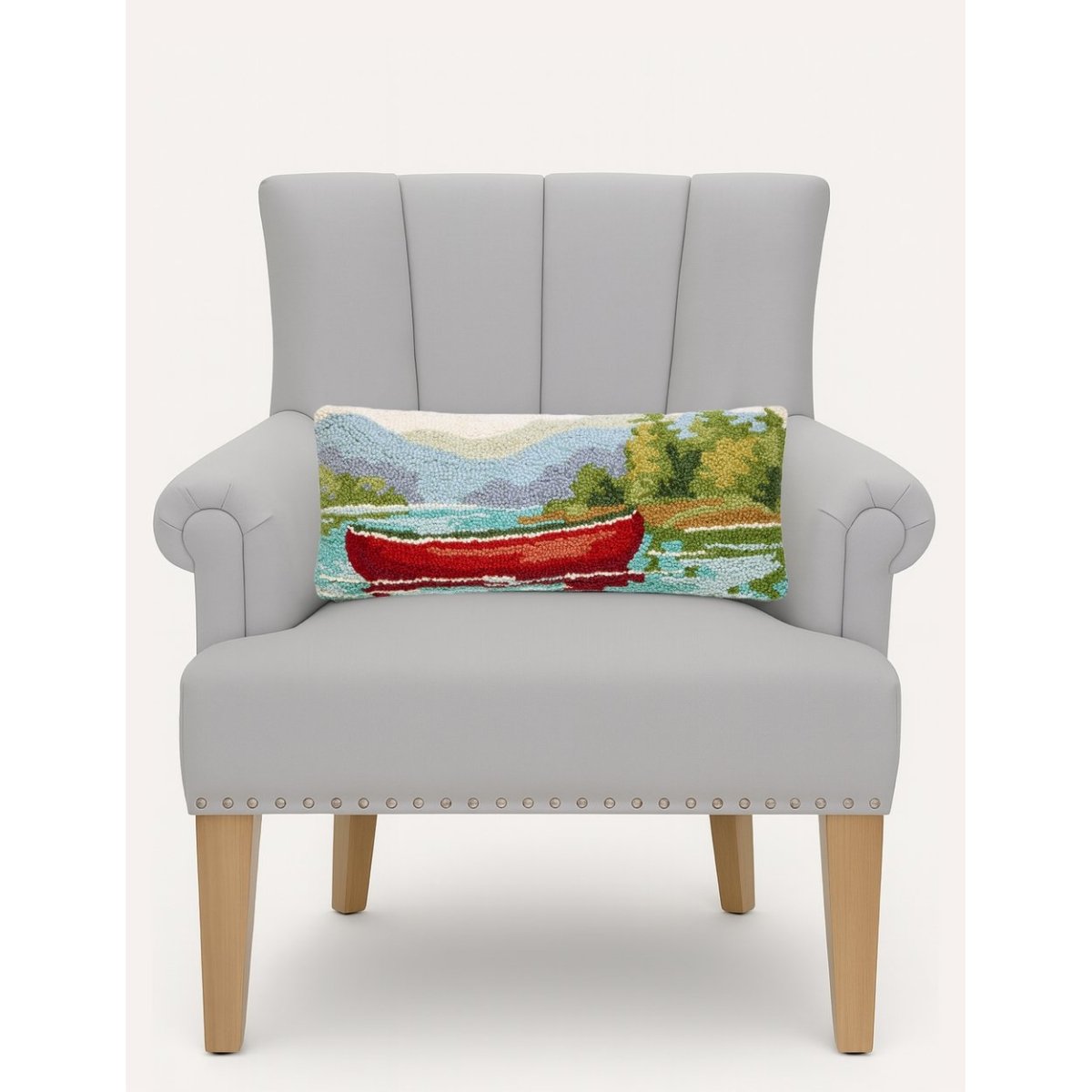 Lakeside Canoe Scene Wool Hooked Lumbar Pillow, styled lifestyle view