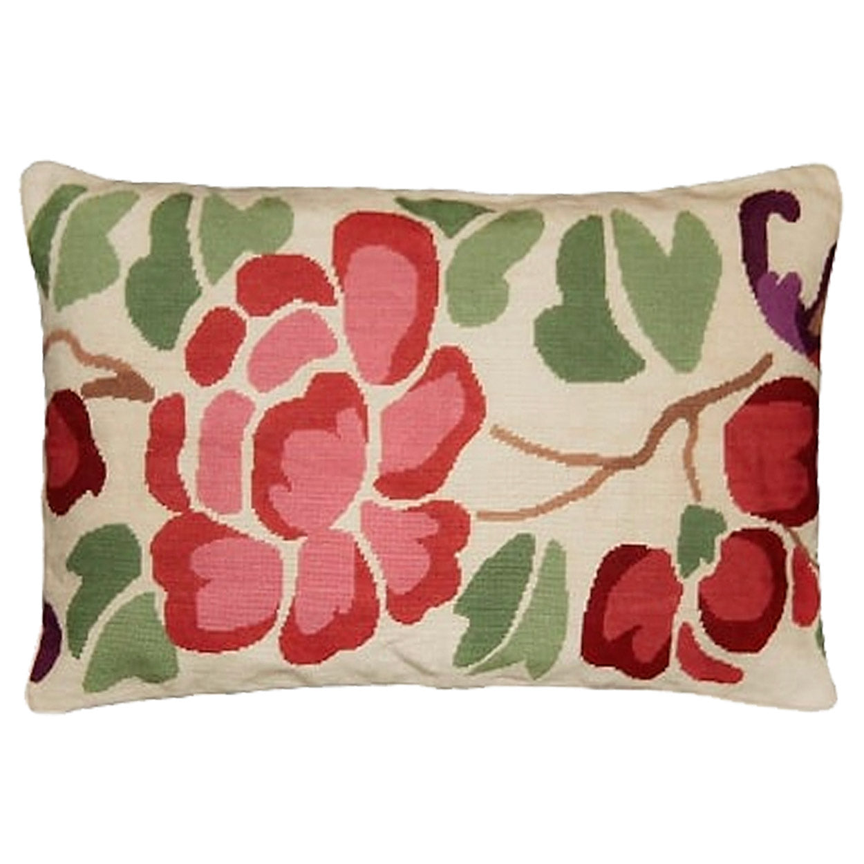 Red needlepoint throw pillow with botanical floral design