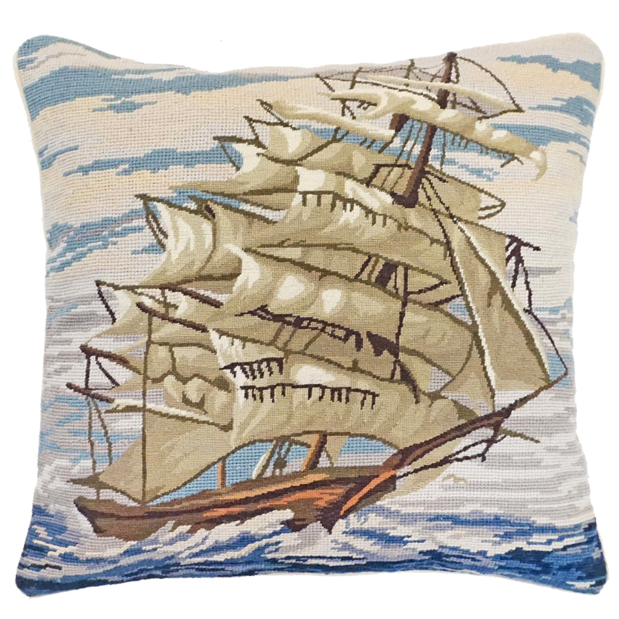 Tall Ship Maritime needlepoint throw pillow with nautical coastal motifs