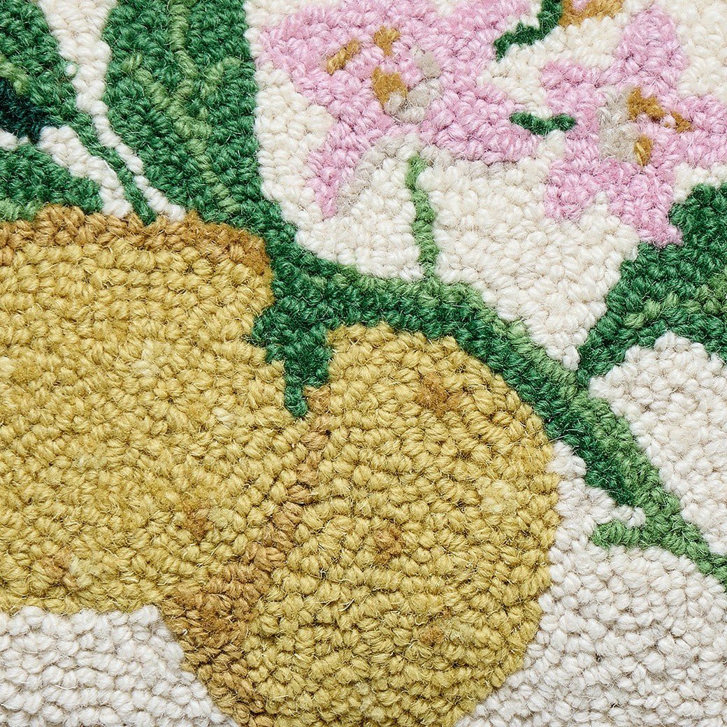 Lemons on a Branch Hooked Wool Throw Pillow, close-up detail