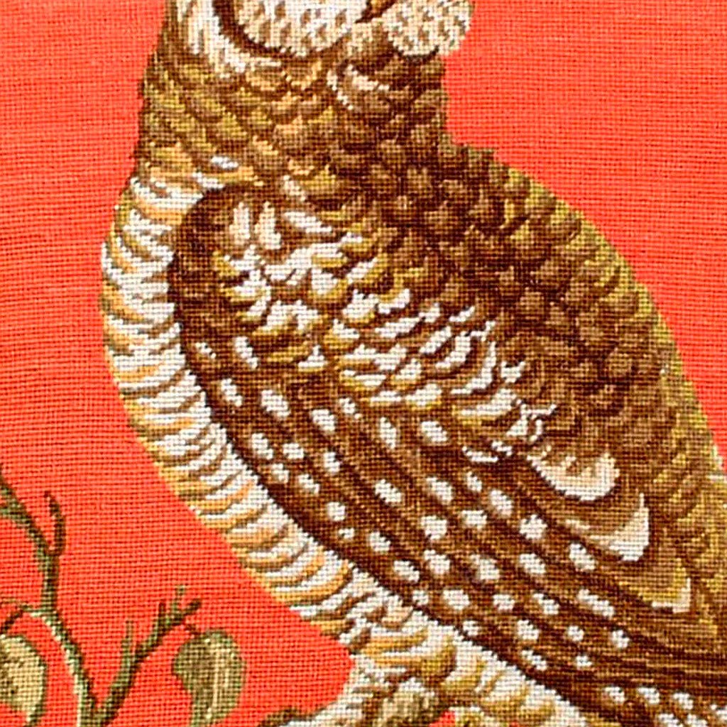 Closeup of Little Hawk Owl Wildlife Lodge needlepoint throw pillow highlighting hand-stitched wool craftsmanship and fabric detail