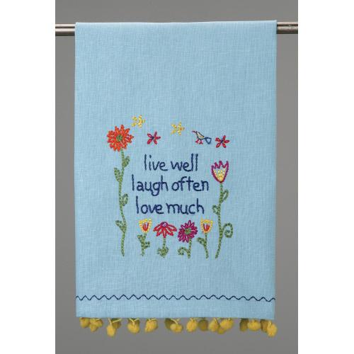 Live Well Laugh Embroidered Kitchen Towel, 15x22 inch, front view