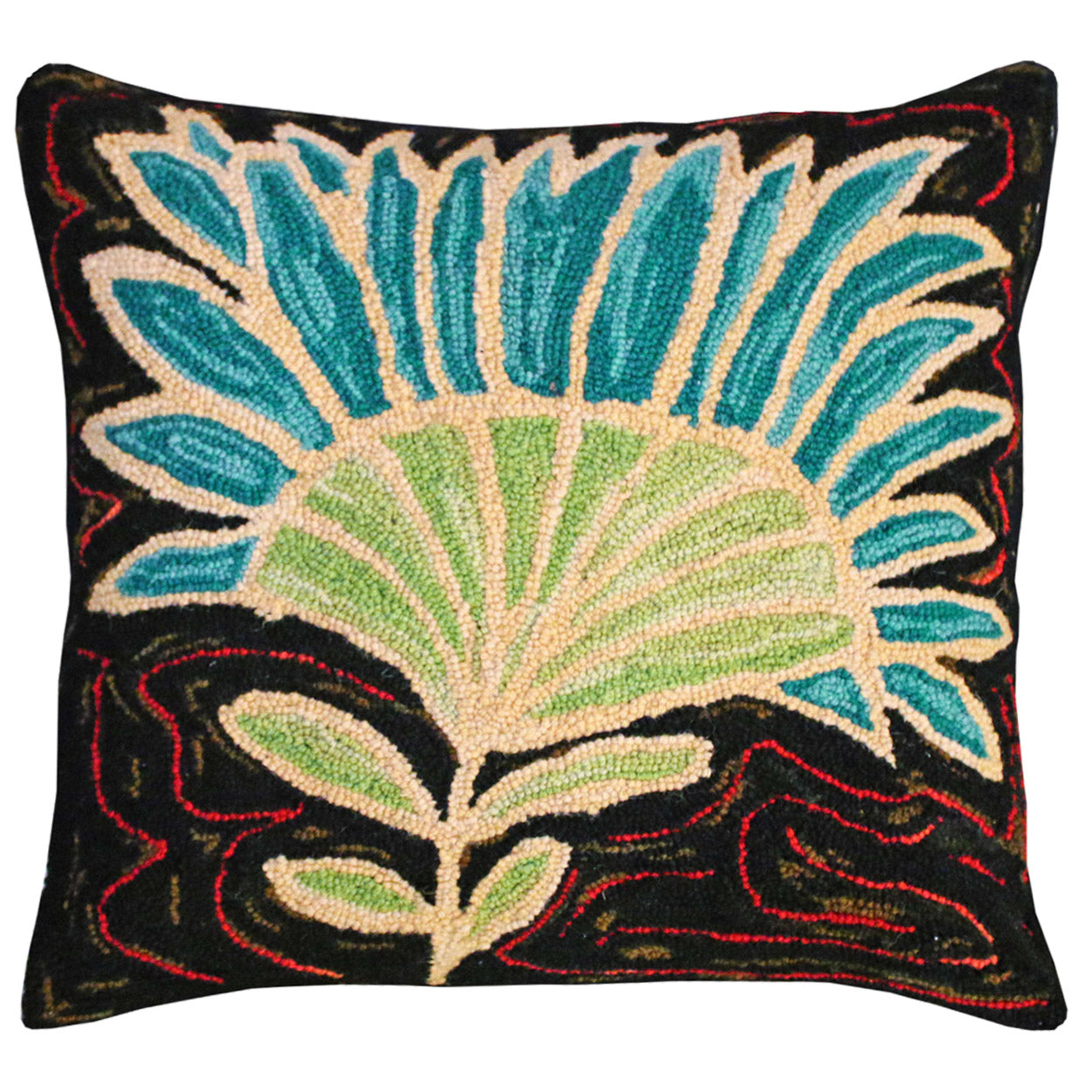 Lively Abstract Flower Red hooked wool throw pillow with botanical floral design