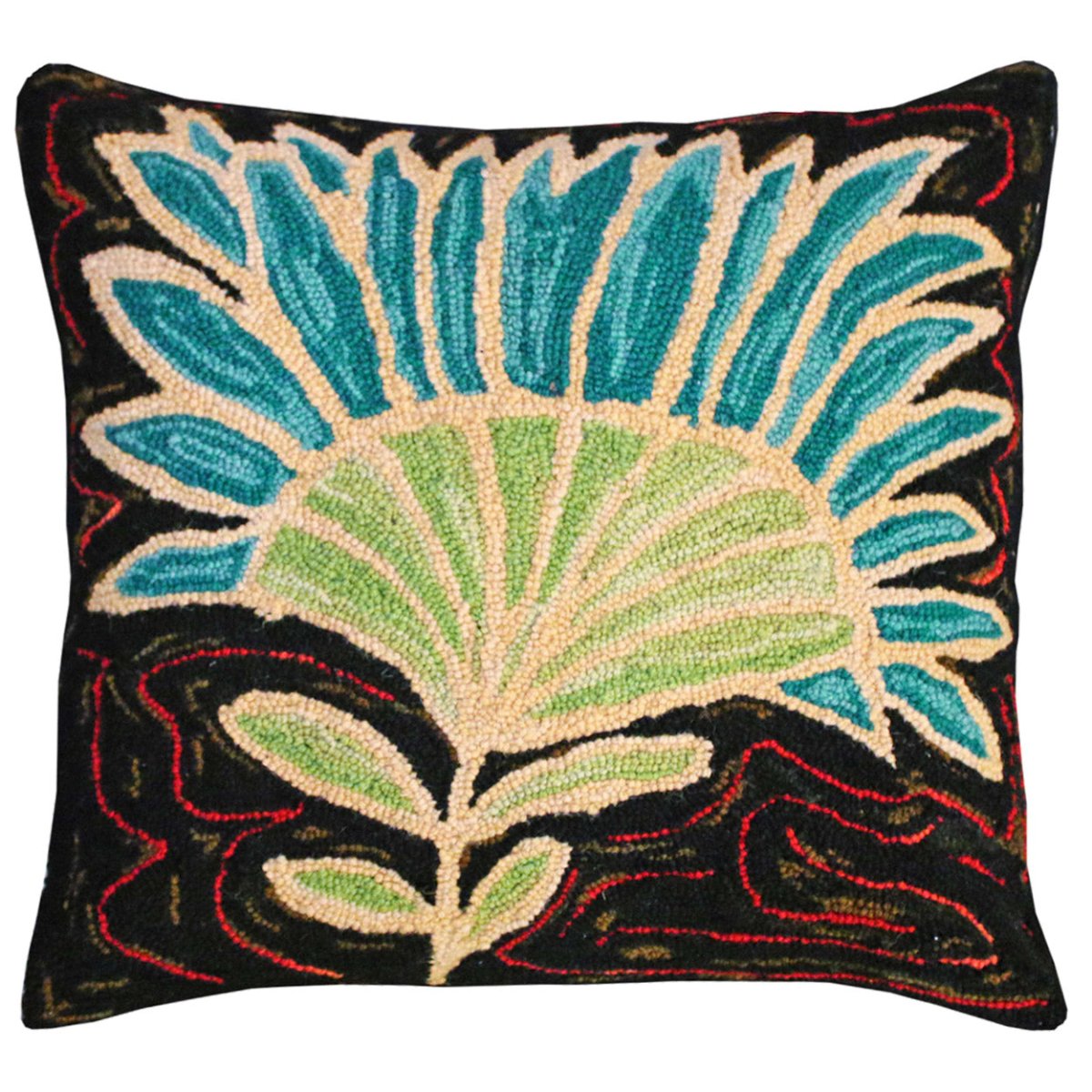 Lively Abstract Flower Red hooked wool throw pillow with botanical floral design