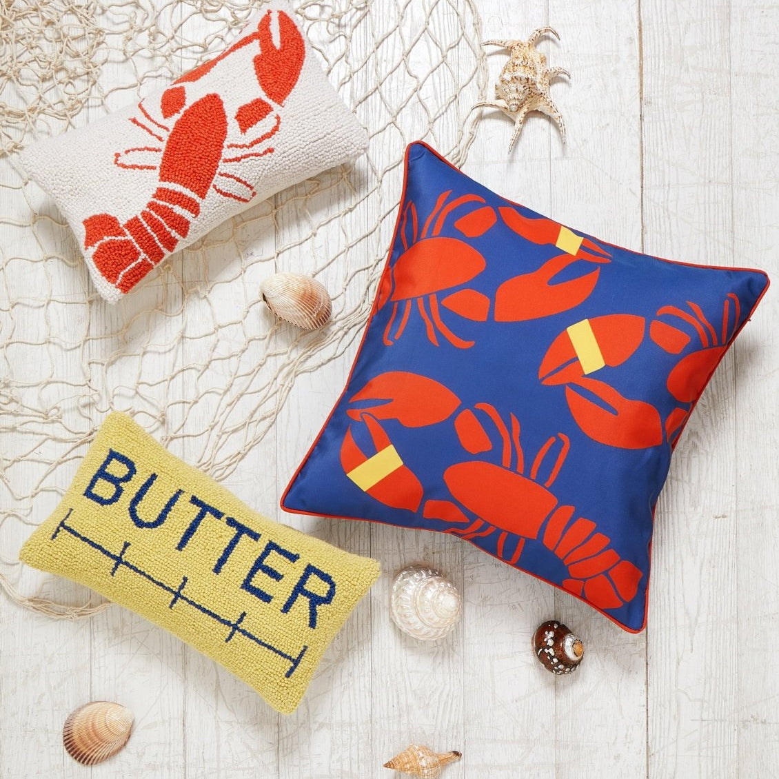 Lobster Bake Printed Throw Pillow shown alongside other designs in the same collection, 20x20 inch