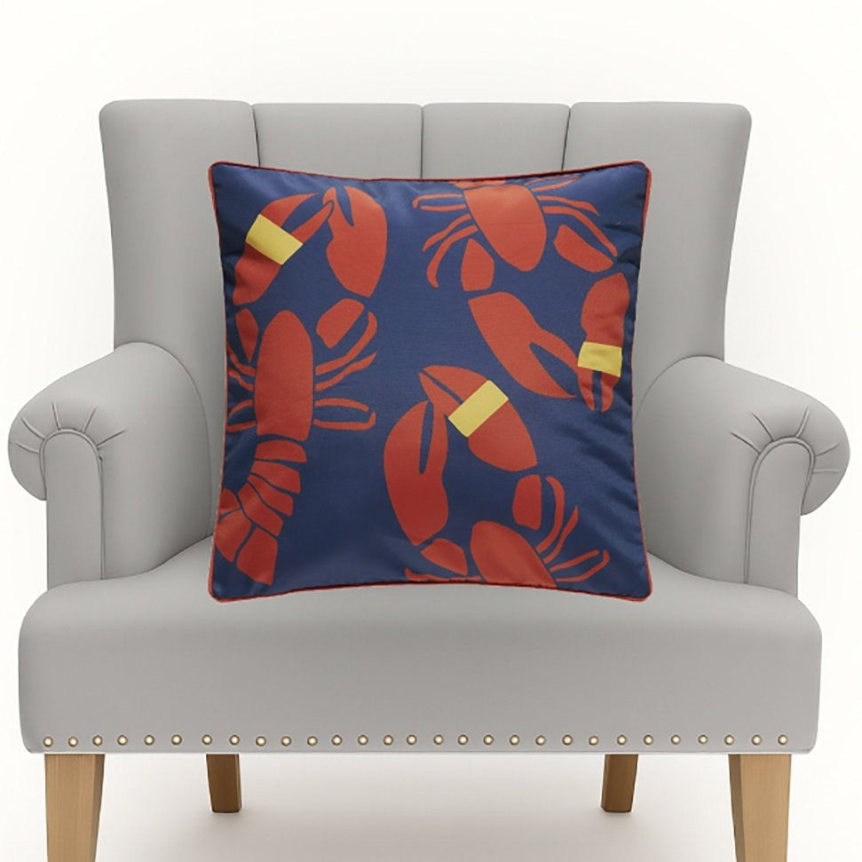 Lobster Bake Printed Throw Pillow on an armchair, showing the throw pillow at room scale, 20x20 inch