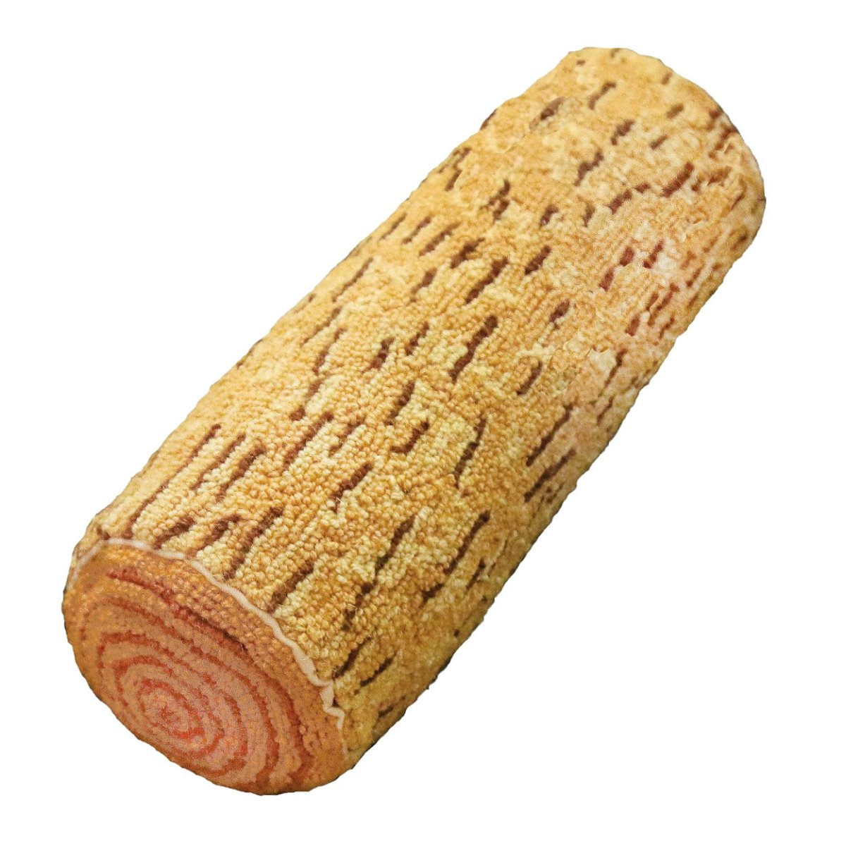 Log hooked wool throw pillow with rustic lodge-style design