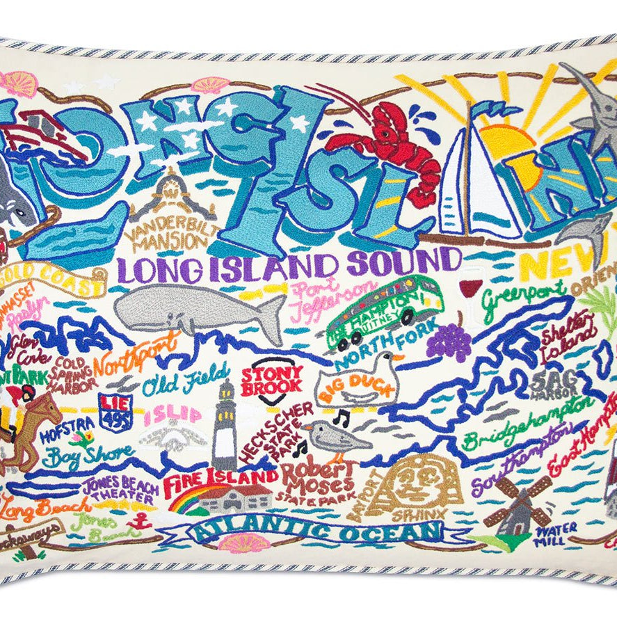 Long Island hand-embroidered throw pillow showcasing iconic landmarks