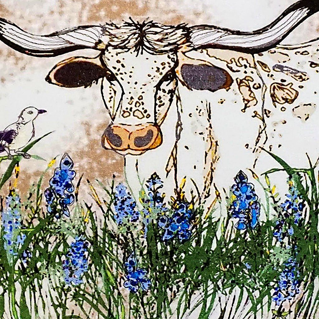 Longhorn Blue Bells Ranch pillow fabric closeup showing hand-embroidered needlepoint wool texture and color detail