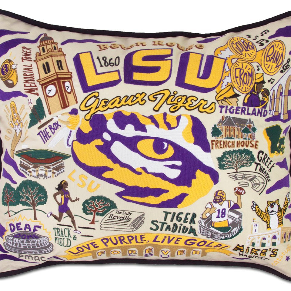 Louisiana State University Tigers hand-embroidered throw pillow featuring school colors and mascot imagery