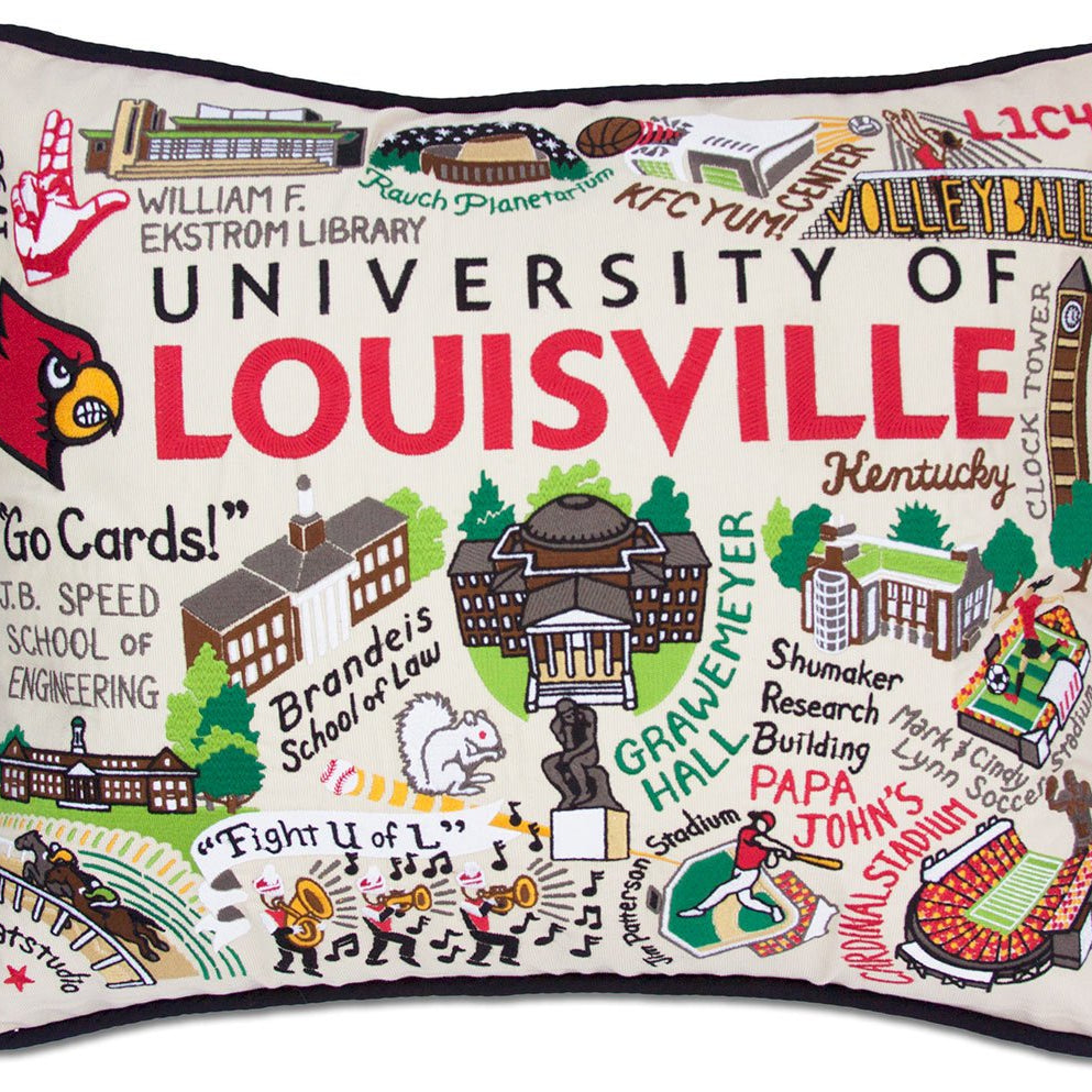 Louisville Cardinals hand-embroidered throw pillow featuring school colors and mascot imagery