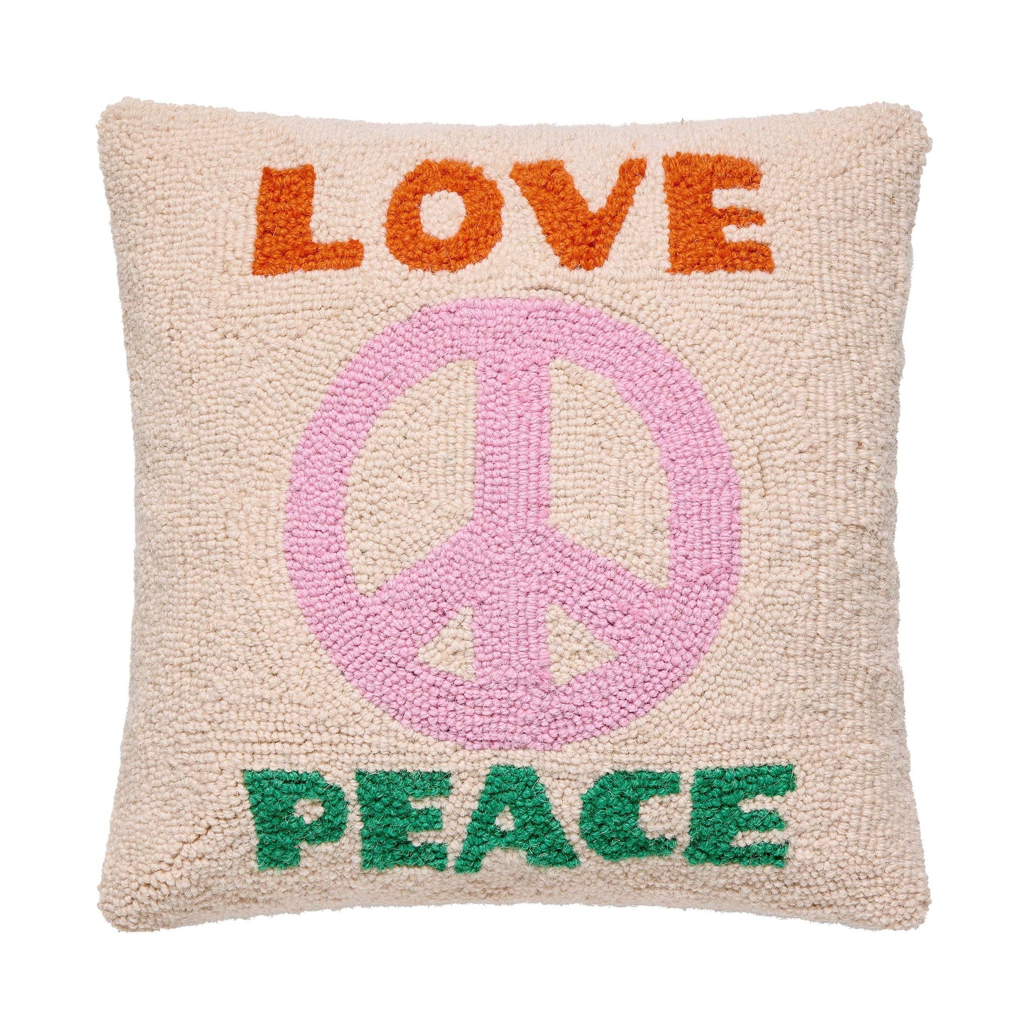 Love and Peace Hooked Wool Throw Pillow, 16x16 inch, front view